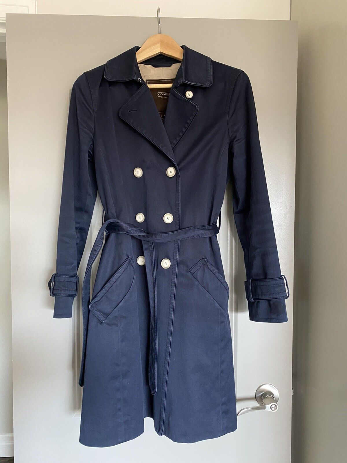 COACH Double Breasted Trench Coat, Belted, Navy Color Raincoat - Womens Sz S