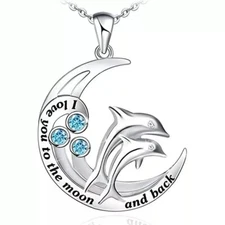 Dolphin Moon Necklace I Love You to the Moon and Back Blue Crystal Gift Her