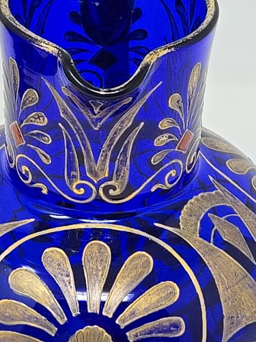 Antique Neoclassical Gilded and Enameled Cobalt Blue Pitcher c. 1880 6 inch - Picture 9 of 12