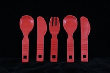 RARE PRETEND PLAY 5 PIECE RED PLASTIC REPLACEMENT KNIVES, FORK,  SPOONS 3 1/2"