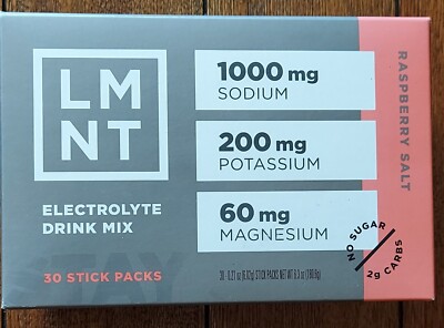 LMNT Raspberry Salt Electrolyte Drink Mix 1-Box 30-Stick Packs No Sugar BB:06-26