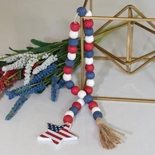 Patriotic Primitive Rustic Style Wood Flag Star Bead Garland Fourth of July