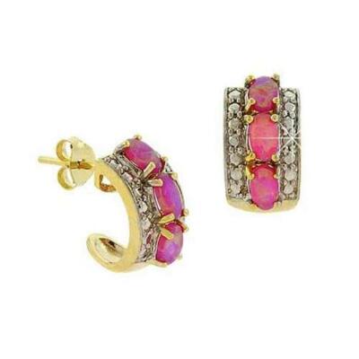 Gold Tone over Silver Diamond Accent & Lab Created Pink Opal Half Hoop Earrings