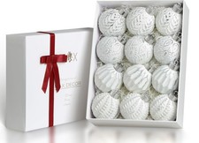 White and Silver Rustic Christmas Ball Ornaments, 3.15 inches Vintage Christm...