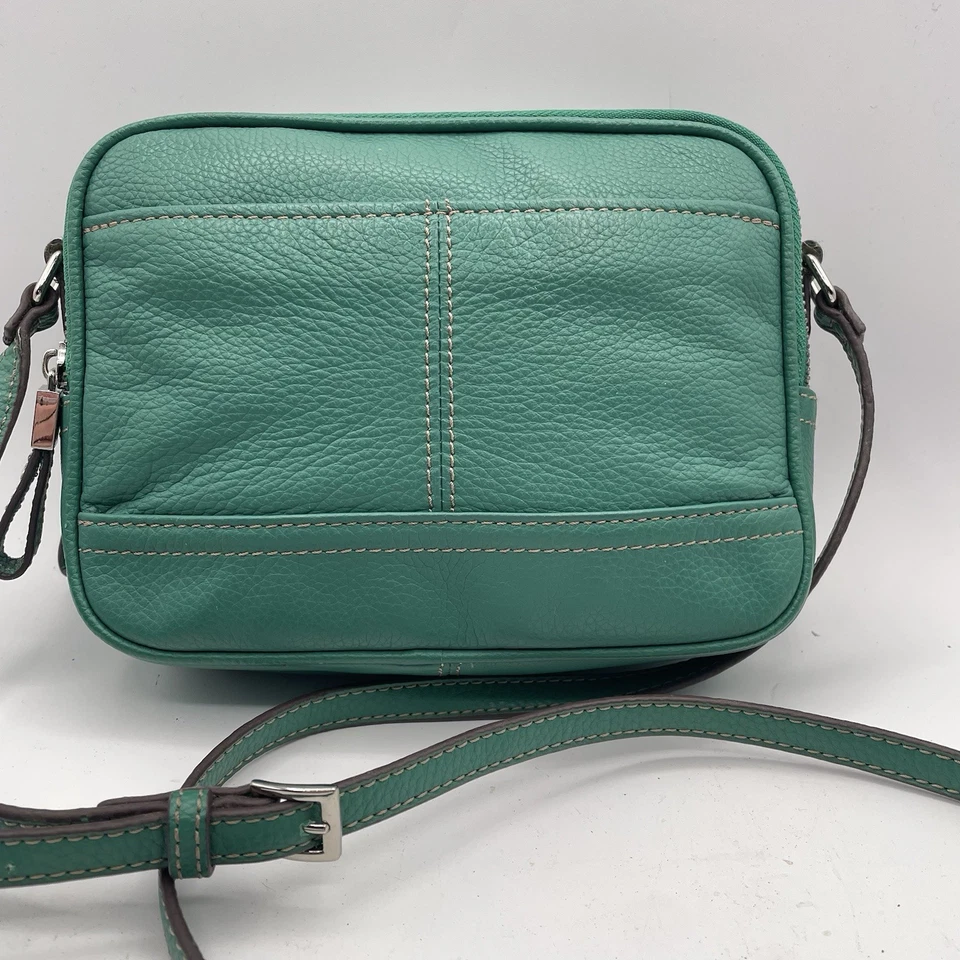 Bandolera Tignanello Cuero Verde Azulado Color Y2K Bolsillos Forro a Rayas Viaje Foto 2 de 4