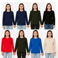 Womens Ladies LONG SLEEVE Ringspun Plain t shirts Cotton Crew Neck Regular ARMS
