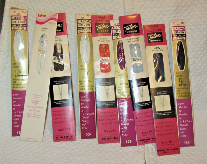 9 Nylon or Polyester Zipper J.P. Coats & Talon 7-9" long skirt or neck zippers