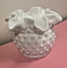 Vintage Fenton Hobnail Milk Glass Vase 3” Ruffled 6 Crimp Rim, Great Condition