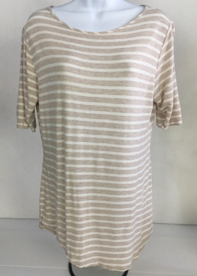 Olivia Blu Top Women Size XL White Tan Stripe Short Sleeves Round Neckline