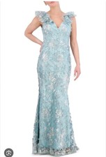 ELIZA J Blue Silver 3D Floral Ruffle Sleeve Mermaid Maxi Gown Dress SIZE 4
