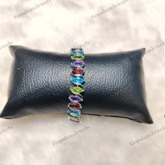 Multi Gemstone Garnet Peridot Amethyst Topaz Tennis Bracelet Sterling Silver