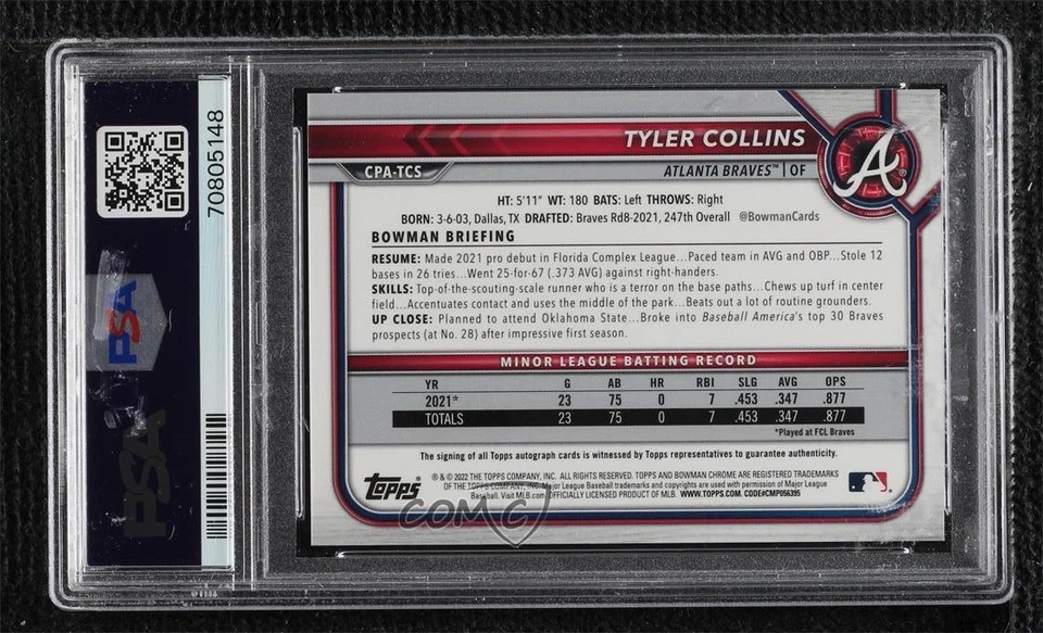 2022 Bowman Chrome Prospect Speckle Refractor Tyler Collins PSA 10 GEM MT Auto - Image 2 of 2