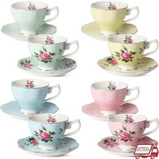 Porcelain Tea Cup Set 8 Floral Pattern Dishwasher Safe W/ Saucers Gold Trim New