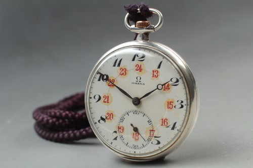 Rare Vintage over Y100 Antique Omega Silver 0.900 Pocket watch Manual From JAPAN