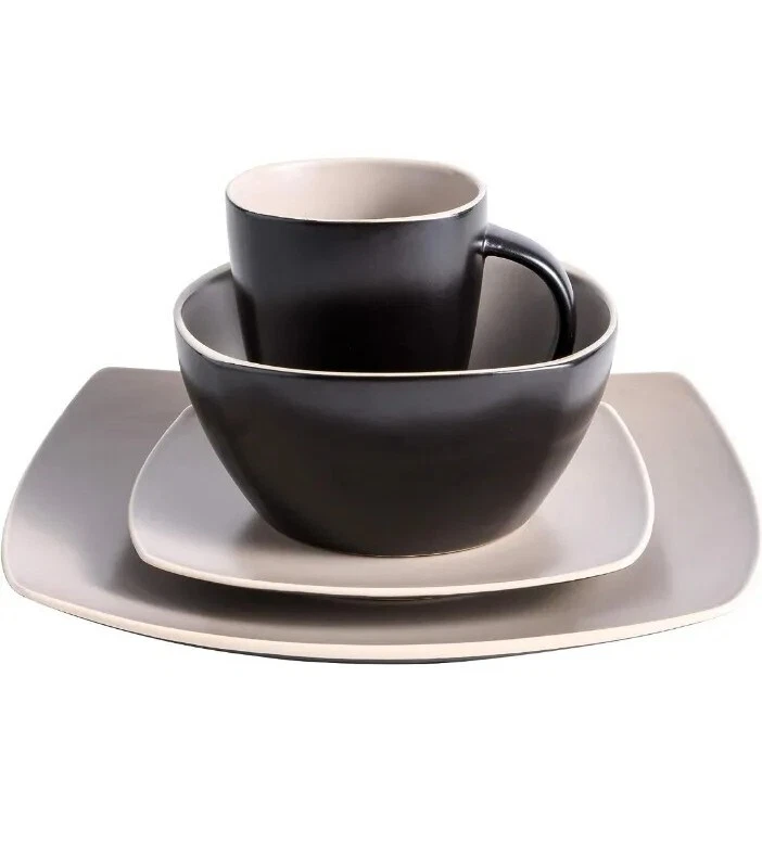 16 Pc Square Stoneware Dinnerware Set Plates Bowls Mugs Gibson Soho Lounge Taupe - Image 3 of 4