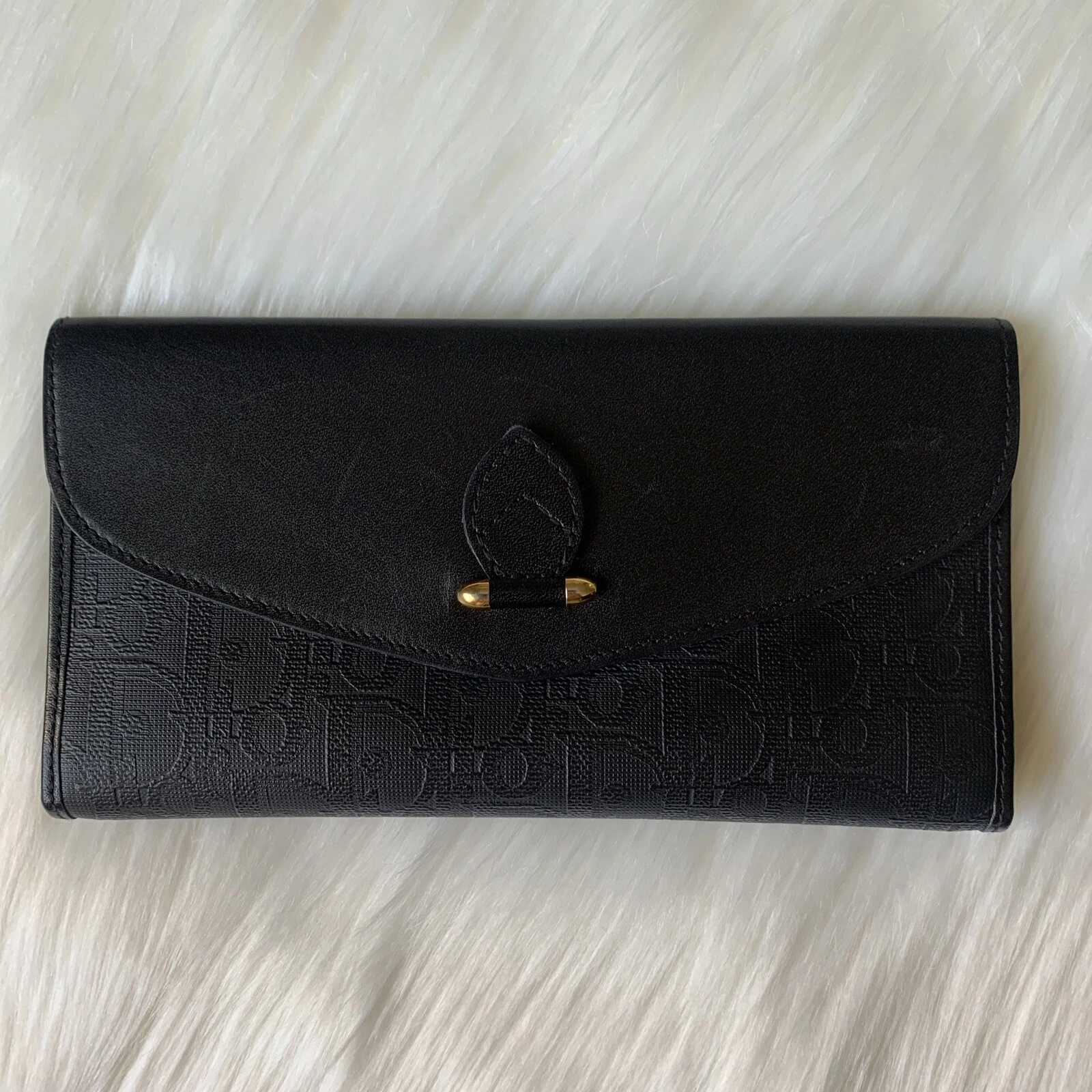 Portefeuille long noir trifold Christian Dior cuir