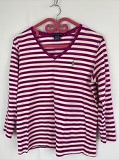 ralph lauren sport women pink Sz Medium 3/4 Sleeve Striped v-neck shirt