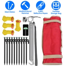 Tent Stakes Camping Hammer Pegs Set Accessories Kit with 9.84FT Reflective Ropes