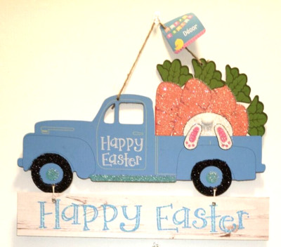 Happy Easter Sign Wall Door Hanging Farmhouse Truck Rabbit Decor Bunny Carrots