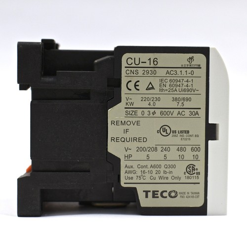TECO CU-16 Magnetic Contactor, 220VAC Coil Voltage, 3A1b Contacts NC - Picture 3 of 4