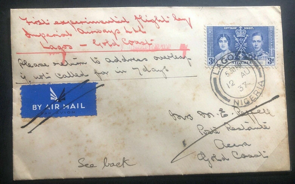 1937 Lagos Nigeria Primera cubierta de vuelo experimental FFC a Accra Gold Coast Foto 2 de 3