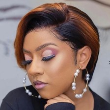 Short Bob Pixie Cut Wig Womens African Ombre Short Straight Natural Hair Wig 6''