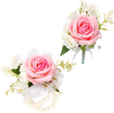 Wrist Corsage and Boutonniere Set, Artificial Rose Corsage Wristlet and Boutonni