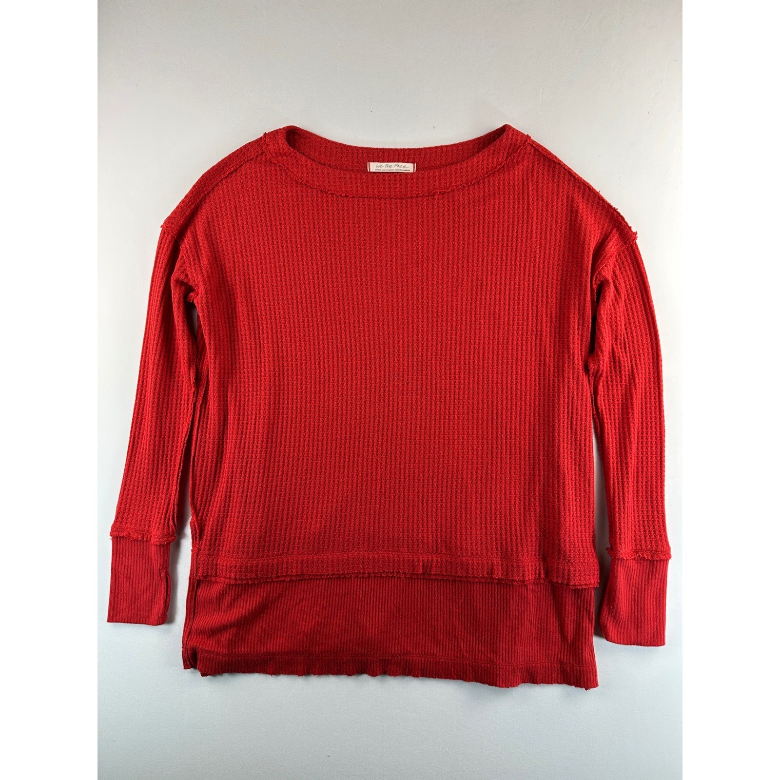 We The Free North Shore Thermal Top Red Waffle Knit High Low Hem Sz Small Boho