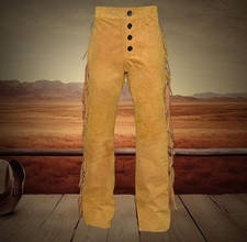 Men's Cowboy Buckskin Suede Leather Western Pant with Fringes Riding Chap