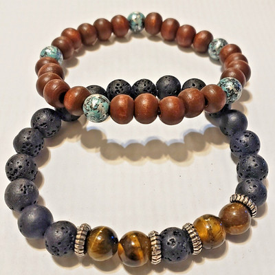 Set of 2Pcs Tiger Eye Stone & Wooden Beads Elastic Hand String W/Gemstone Charms