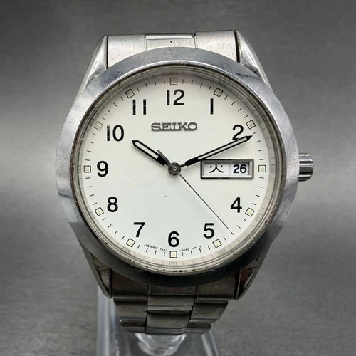 Seiko Watch Men 37mm White Dial Silver Tone Daydate Round 7N43-9080 New Battery