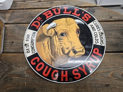 Vtg. Ande Rooney LARGE 11.25'' Porcelain Enamel Sign DR. BULL'S COUGH SYRUP Goofy