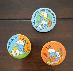 Smurfs Smurfette 3 Vintage Pinback Buttons Lot - "Equal Rights" "Too Busy"