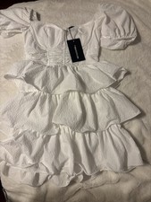 PrettyLittleThing White Chiffon Cup Detail Tiered Skirt Mini Dress Size 6 US NWT