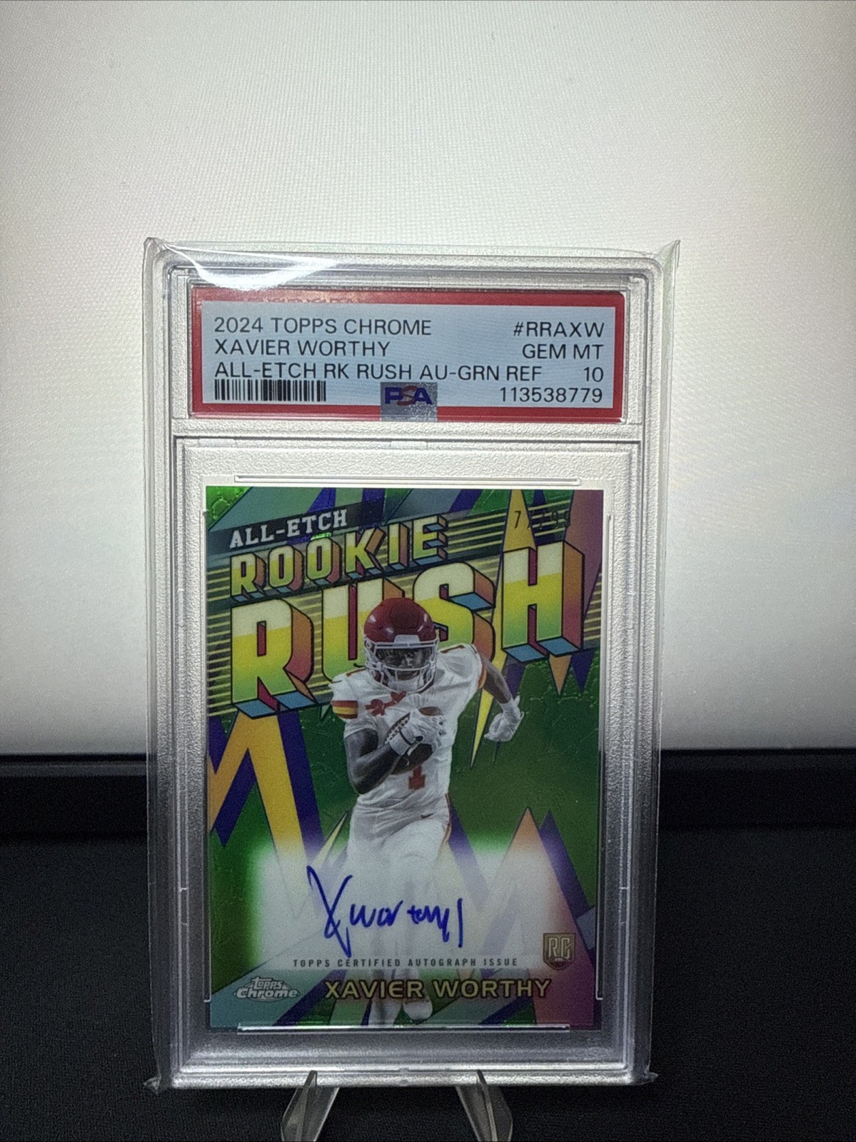 2024 Topps Chrome Rookie Autographs Xavier Worthy Green Refractor 77/99 ON CARD