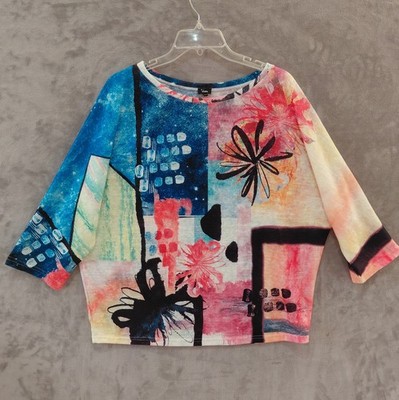 Shana Abstract Artsy Pullover Top Women's XL Boxy Art To Wear Dolman 3/4 Sleeves