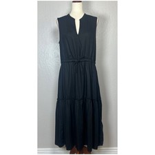 LAND'S END Women's Size L Black Sleeveless V-Neck Tie Waist Tiered Midi Dress