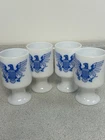 Vintage Milk Glass Pedestal Footed Mug With Blue Eagle Patriotic set of 4