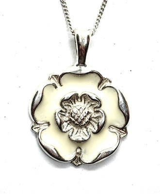 Sterling Silber weiße Emaille Tudor Rose Anhänger Halskette