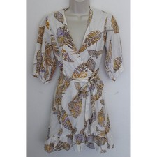 Massimo Dutti Wrap Dress Size 4 Ivory Leaf Print Linen Blend Summer Resort Wear