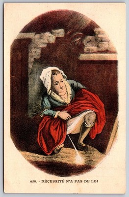 Humorous French Postcard La Necessite N'a Pas de Loi Woman Urinating 1900s C269