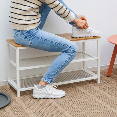 Schuhbank mit Sitzfläche Holz - 80x30x45 Garderobenbank mit Schuhregal und Boxen - Bild 7 von 11