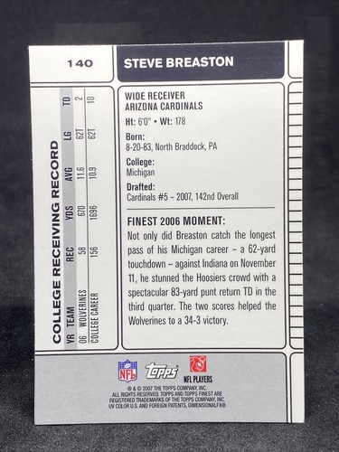 STEVE BREASTON 2007 Topps Finest Football RC Rookie #140 CARDINALS - Picture 2 of 2