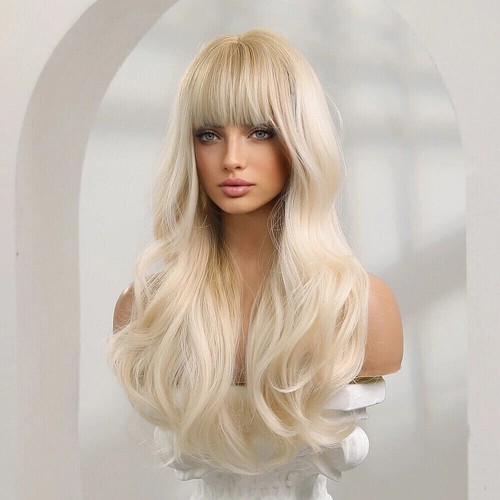 Platinum Blonde Hair Wigs with Bangs for Women Long Wavy Synthetic Wigs Natural - Picture 4 of 6