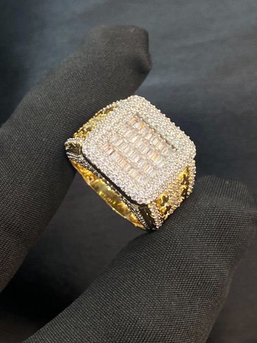 Pave 3.62 Cts Round Baguette Cut Diamonds Iced Out Men's Ring In 14K Yellow Gold - Picture 7 of 12