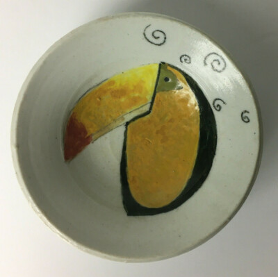 Studio Pottery Trinket Dish ~ Impressed Star Maker's Mark ~ Colorful Toucan Bird