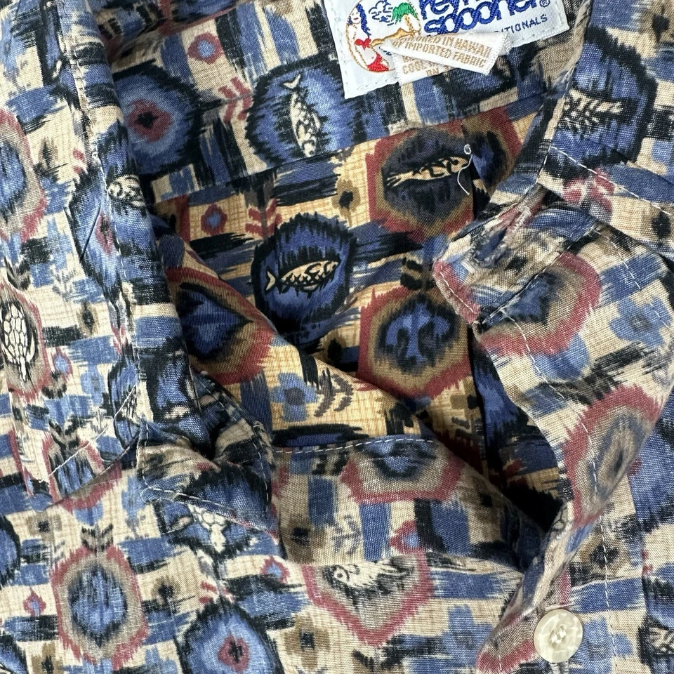 Camisa Popover Reyn Spooner Para Hombres L Beige Azul Tortuga Pez Estampado Inverso Algodón Foto 4 de 4