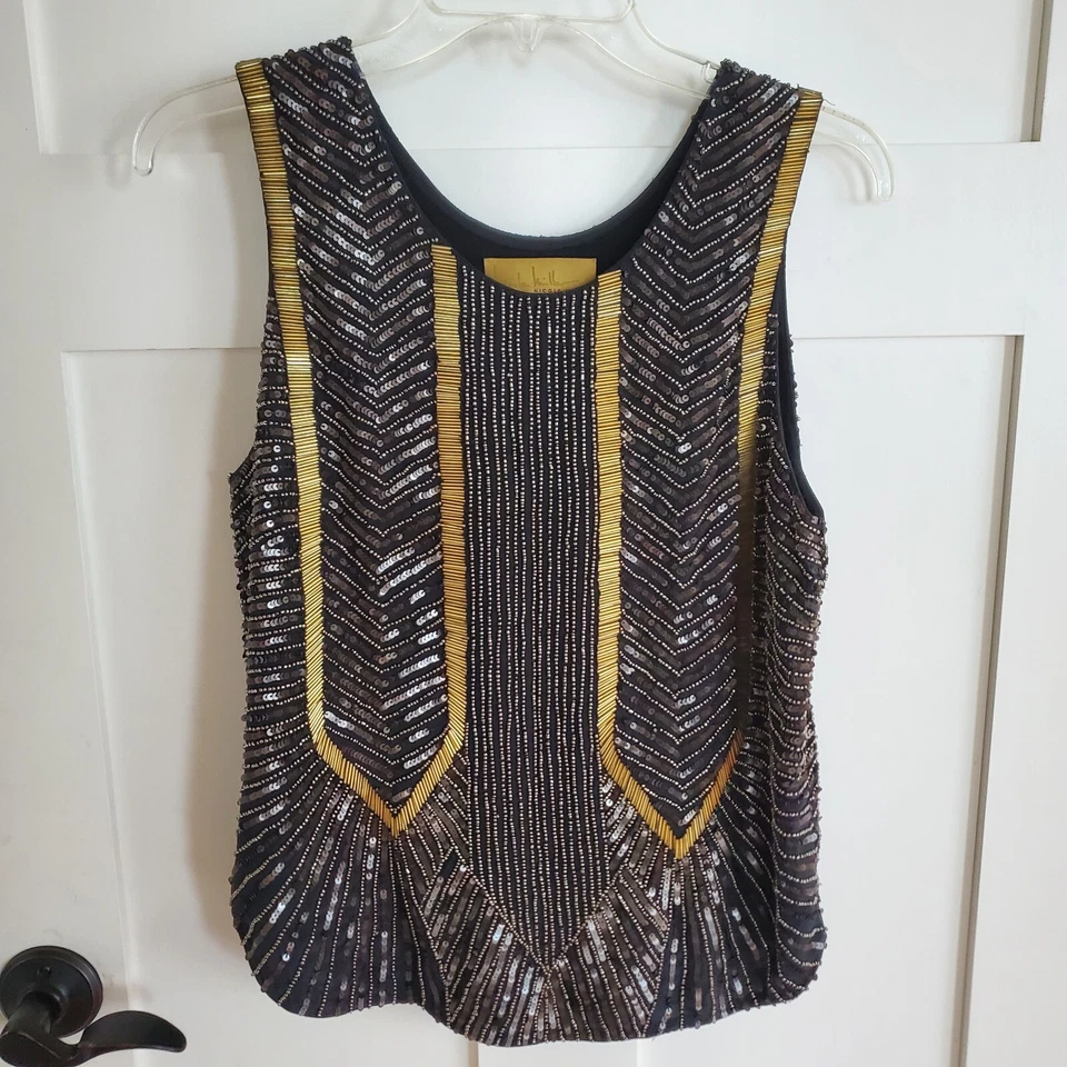 Top Nicole Miller Mujer Pequeño Cuentas Formal Sin Mangas Glamour Dorado Negro Boda  Foto 3 de 4