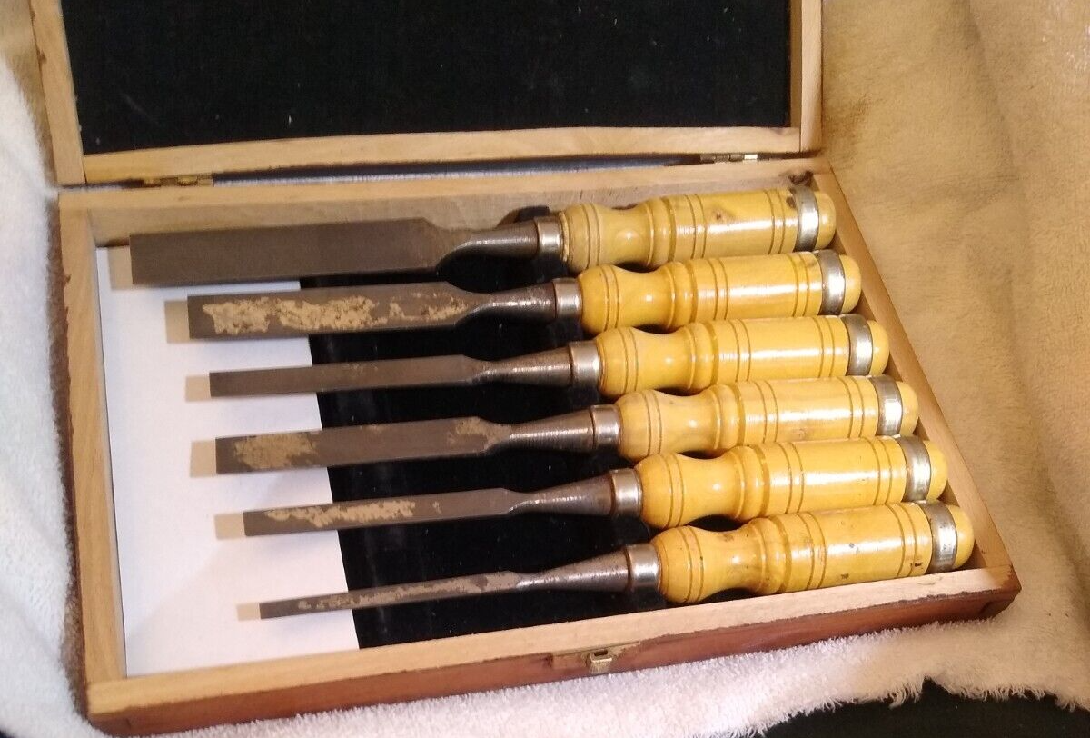 Mifer Chisel 6piece Vintage Set in Original Box Woodworking Tools Sharp