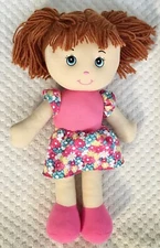 Homerbest Rag Doll Plush Girl 16" Brown Yarn Hair Blue Eyes Pink Floral Dress